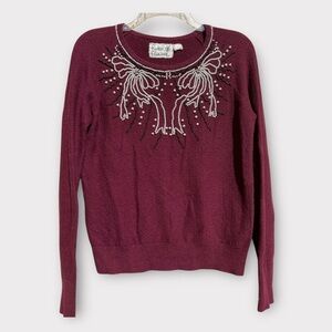 Anthropologie Embellished Crewneck Sweater in Wine and Ivory